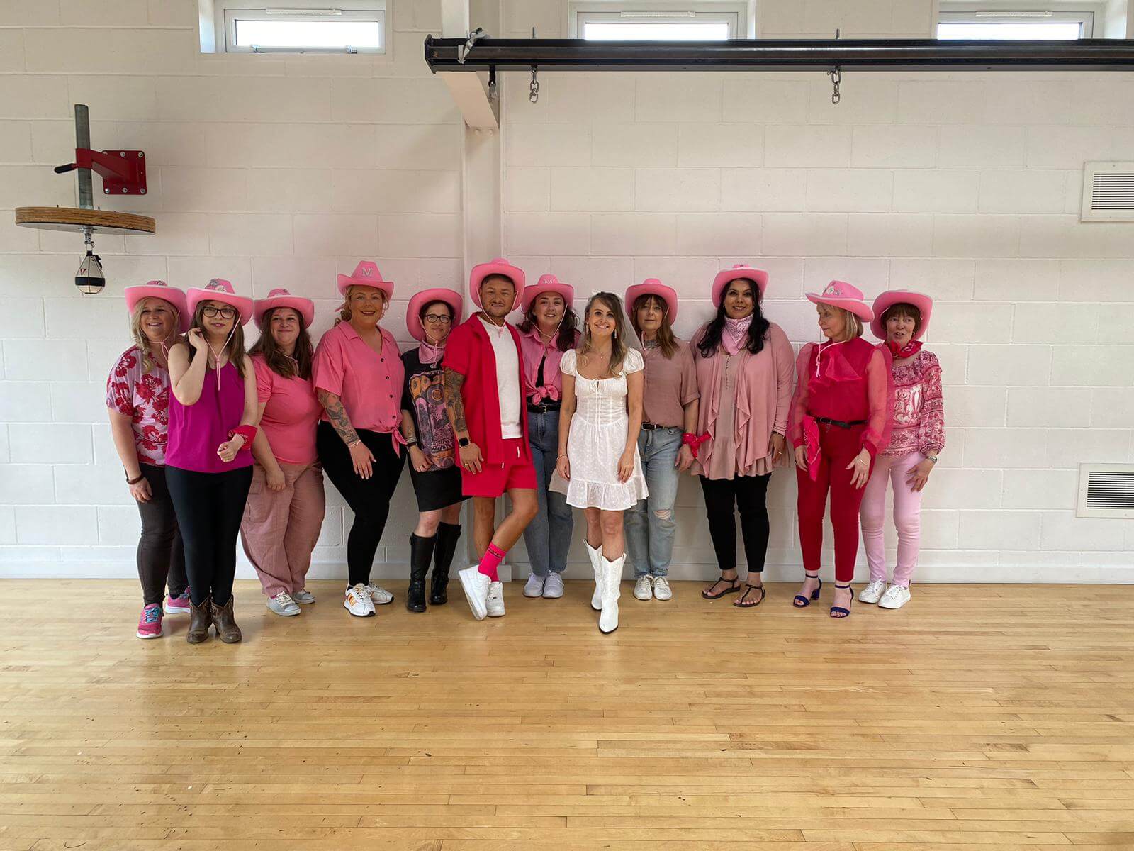 Dundee line dancing hen party with skilled instructor teaching country western moves to group wearing cowboy hats by River Tay